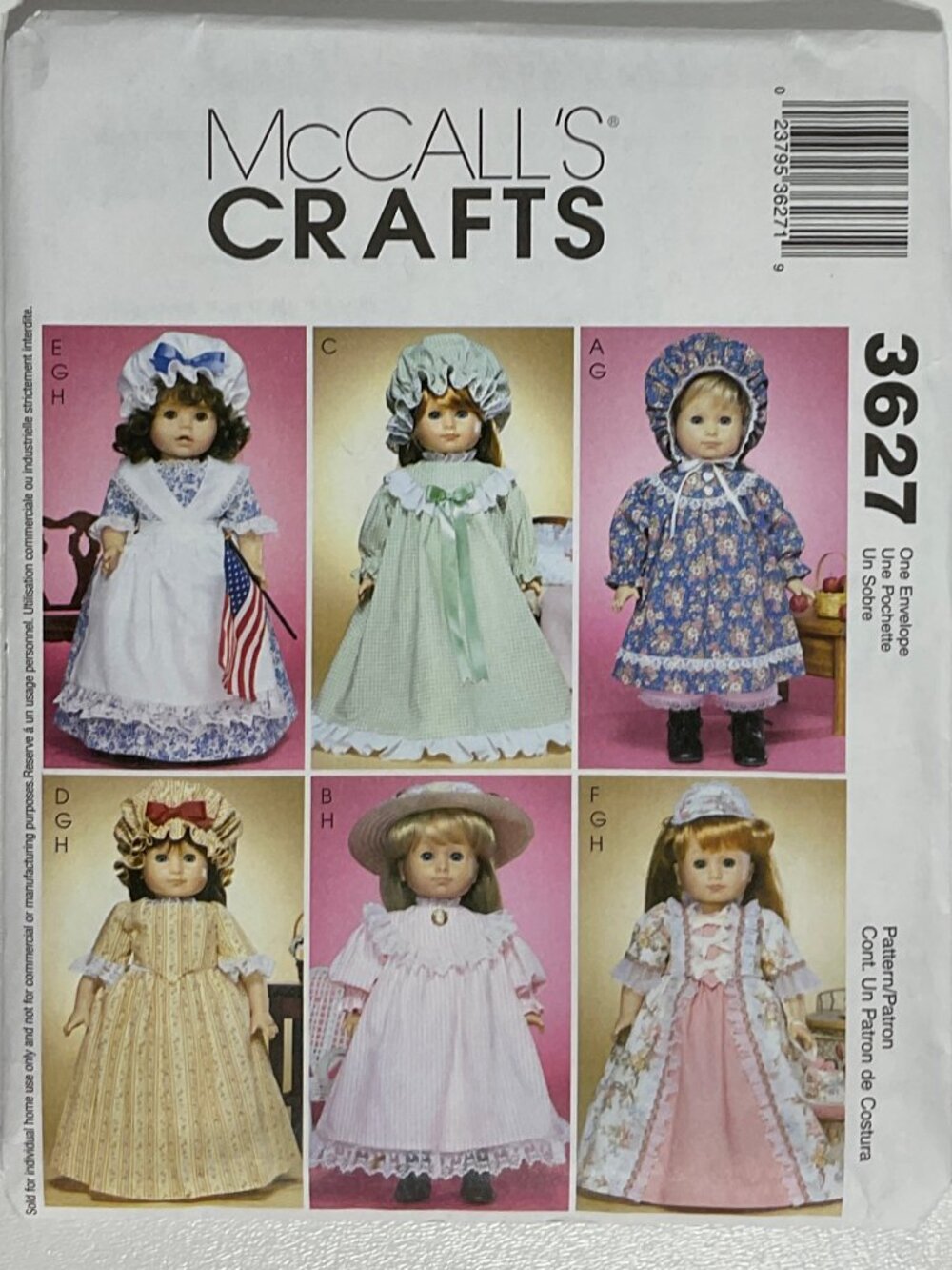 Uncut McCalls 3627 18" Doll Cothes Sewing Pattern Colonial American Girl Costume